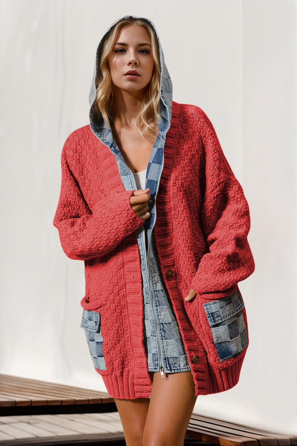 Zephariel Double Take Full Size Hooded Denim Spliced Sweater Cardigan