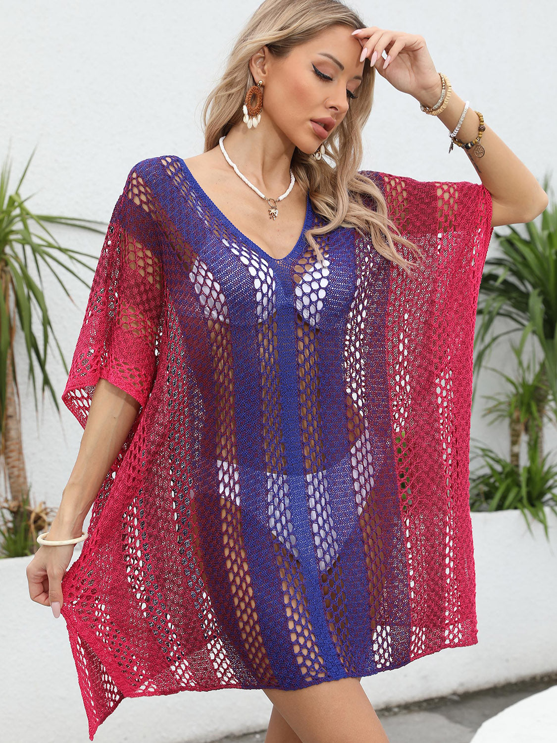 Zephariel Openwork Contrast V-Neck Cover-Up