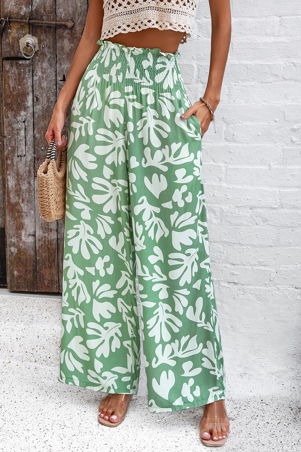 Zephariel Smocked Printed Wide Leg Pants with Pockets