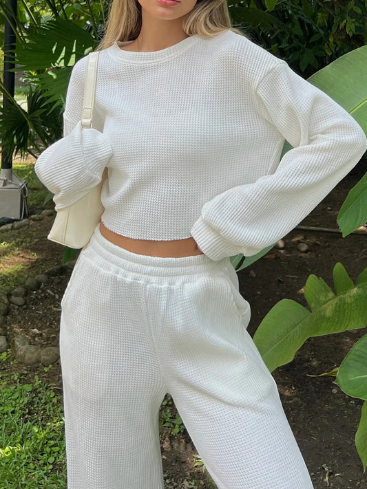 Zephariel Waffle-Knit Round Neck Top and Pants Set