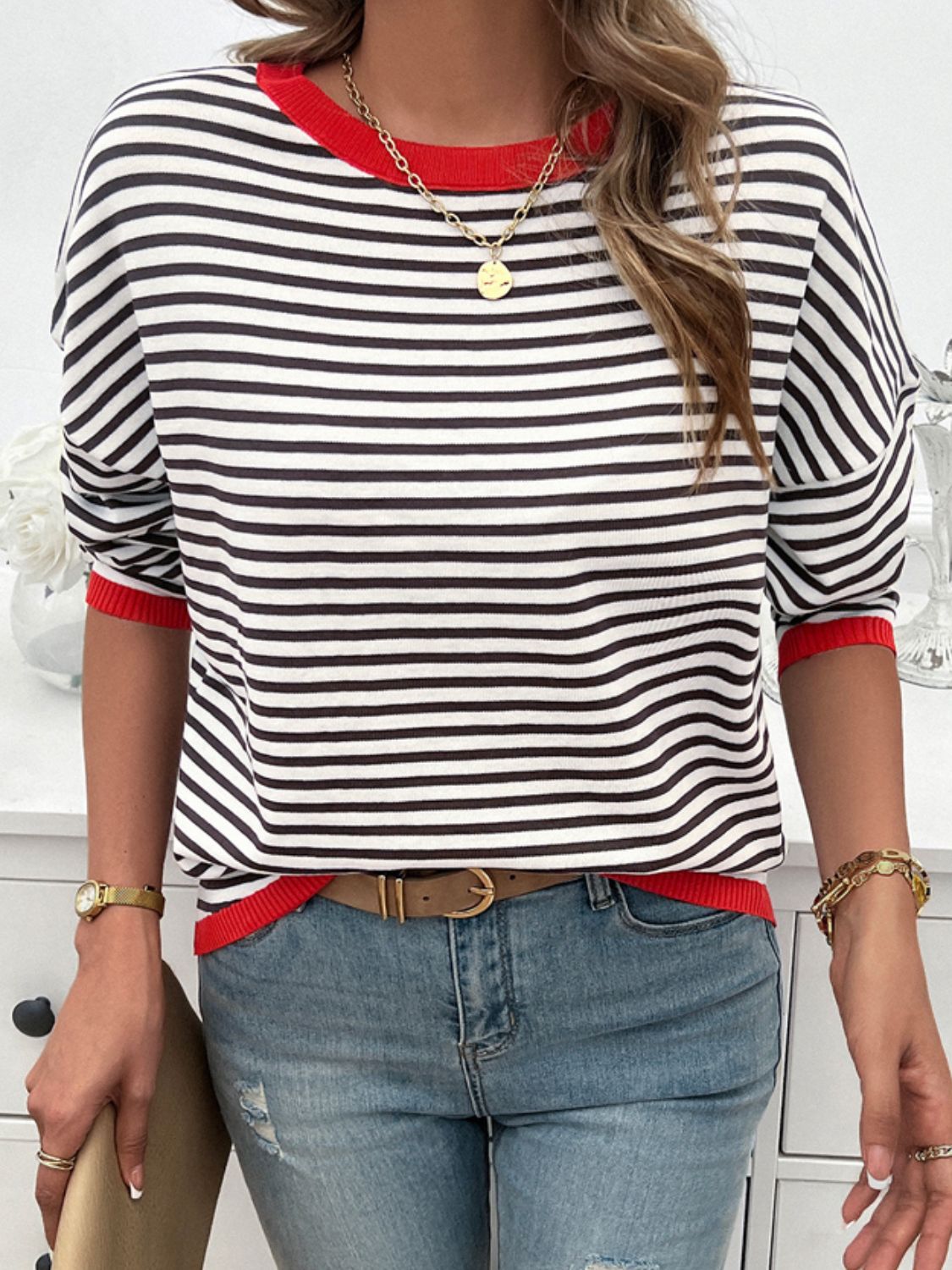 Zephariel Striped Round Neck Dropped Shoulder Sweater