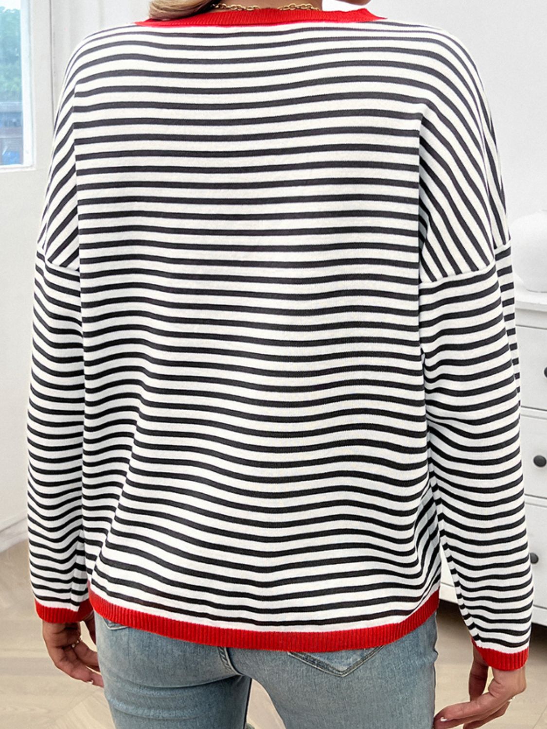 Zephariel Striped Round Neck Dropped Shoulder Sweater