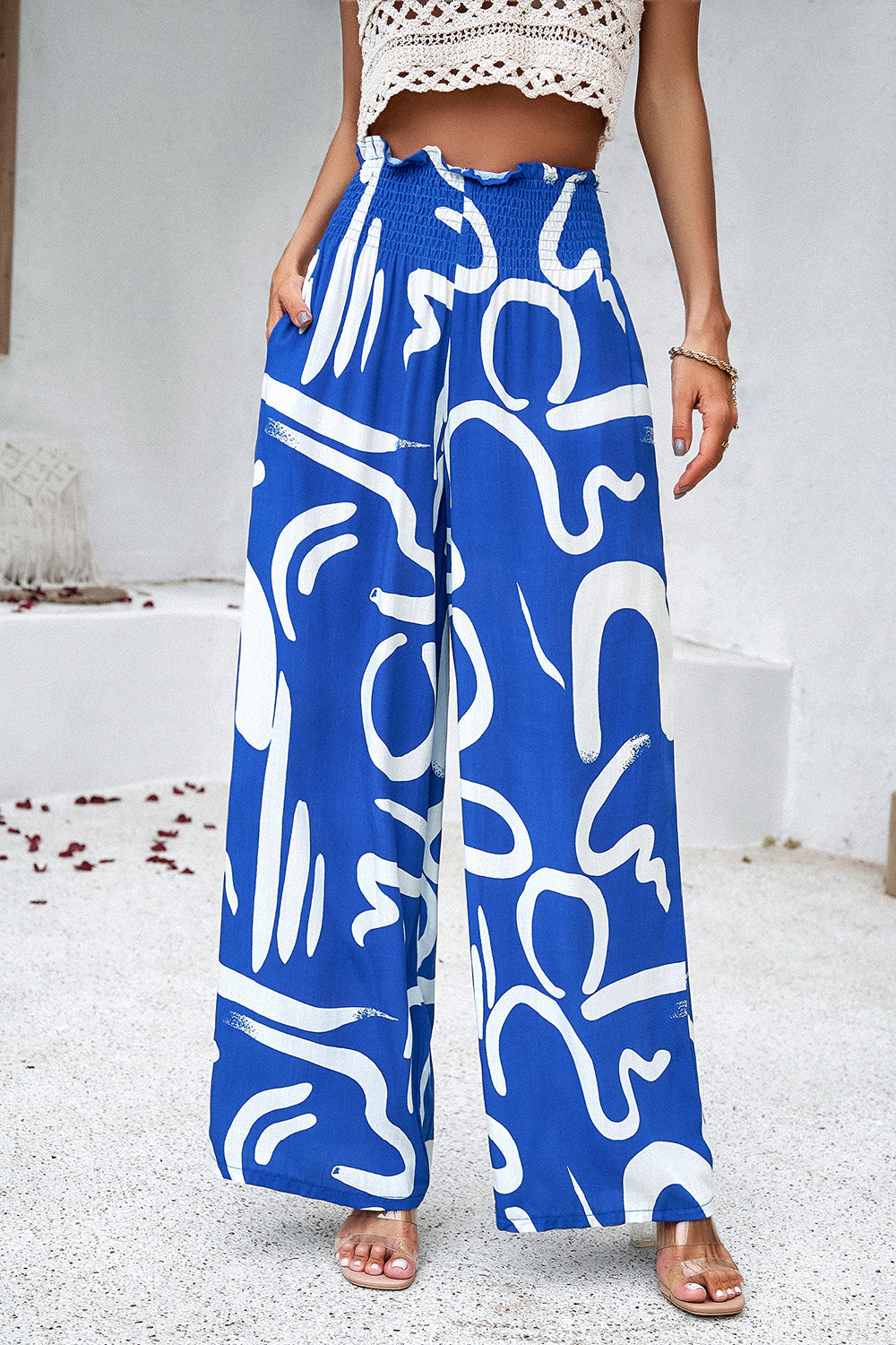 Zephariel Smocked Printed Wide Leg Pants with Pockets