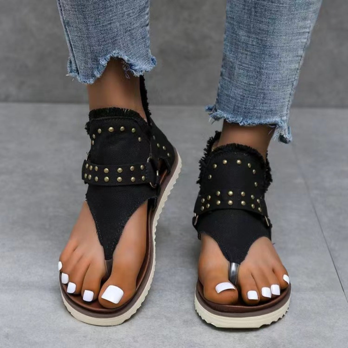 Zephariel Studded Raw Hem Flat Sandals