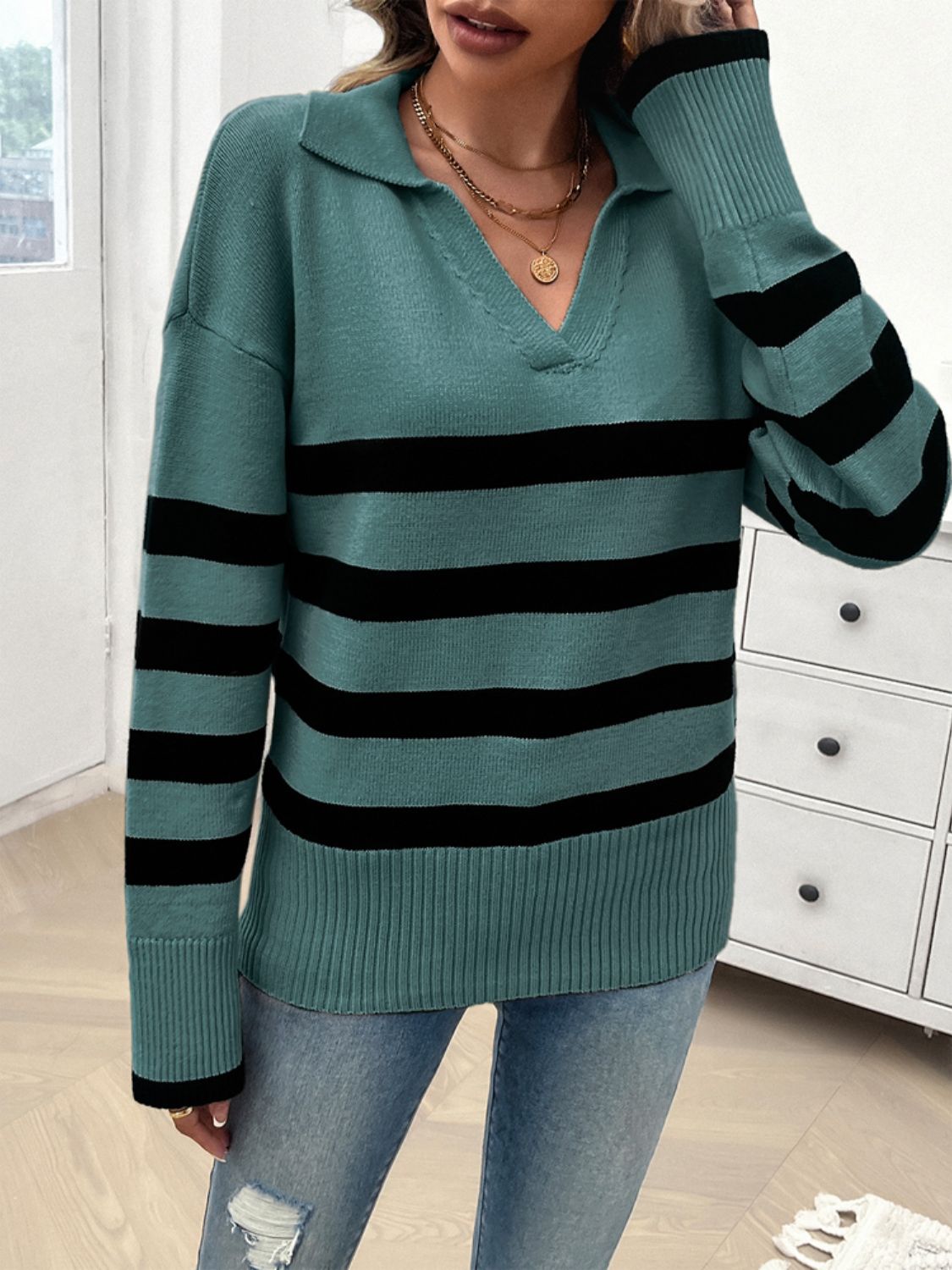 Zephariel Striped Collared Neck Long Sleeve Sweater