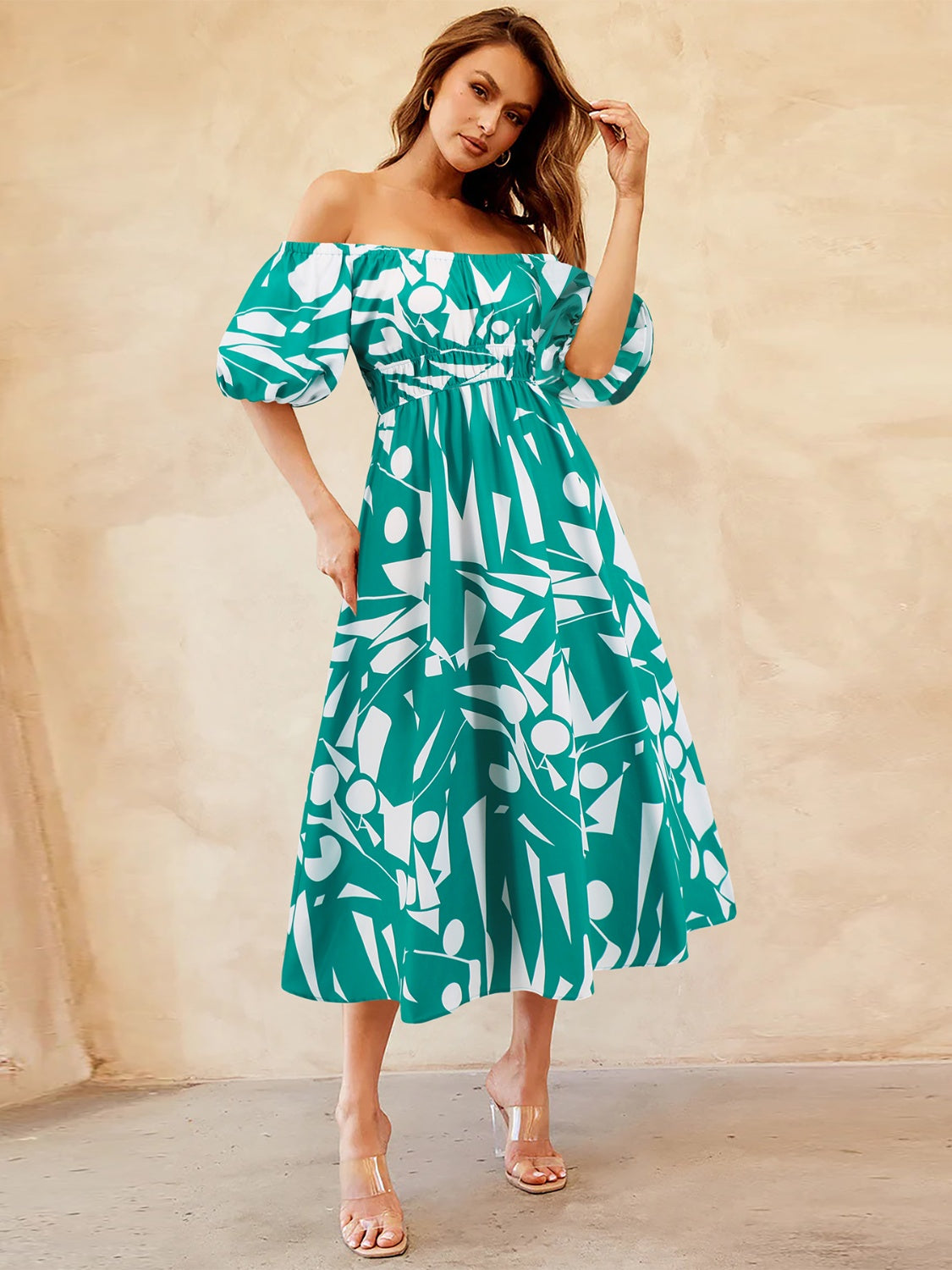 Zephariel Printed Off-Shoulder Balloon Sleeve Dress