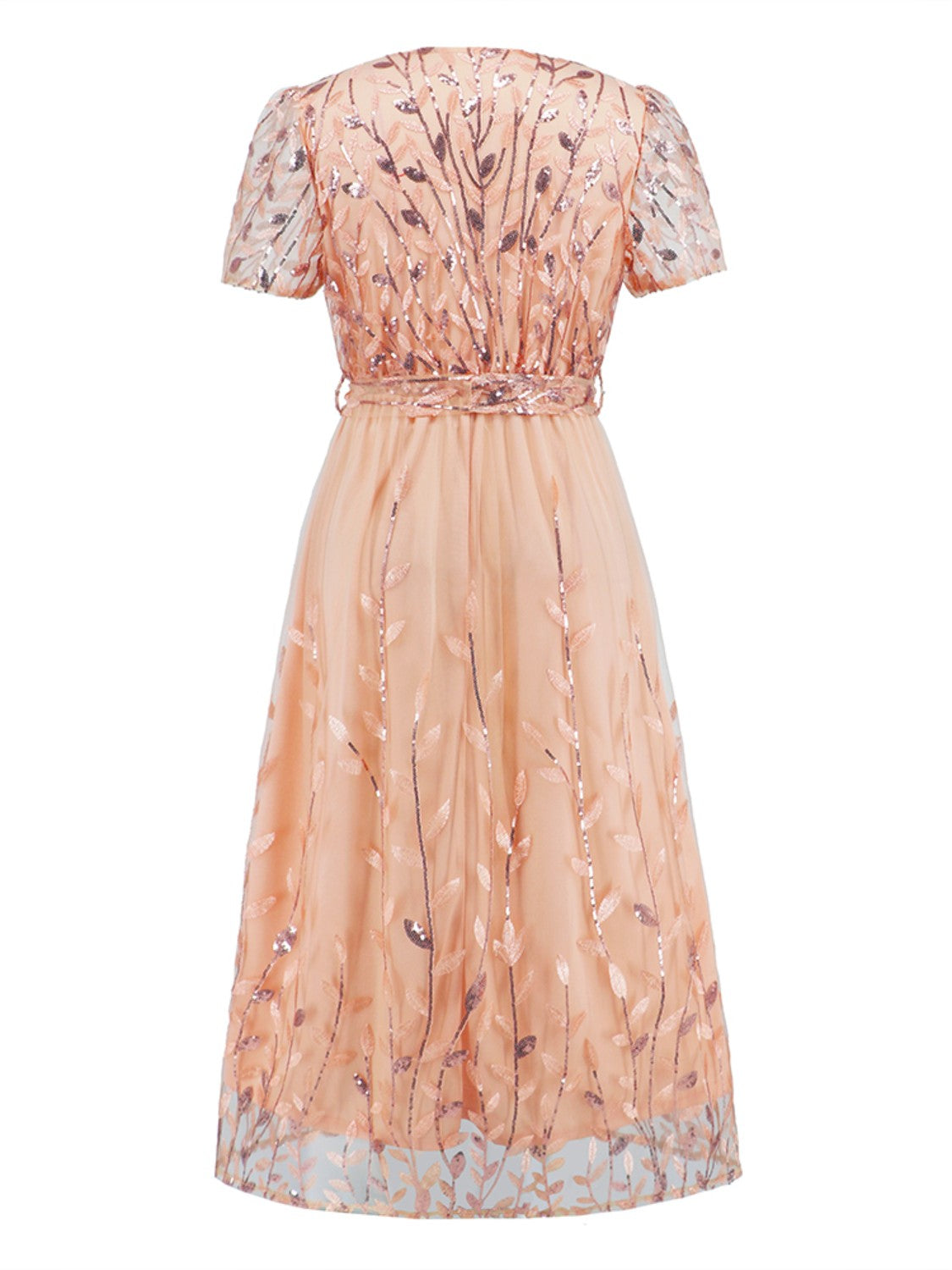 Zephariel Sequin Leaf Embroidery Tie Front Short Sleeve Dress