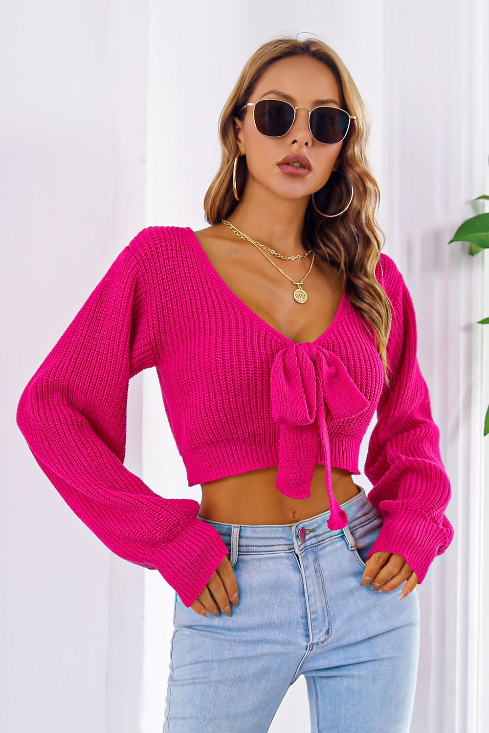 Zephariel Bow V-Neck Long Sleeve Cropped Sweater