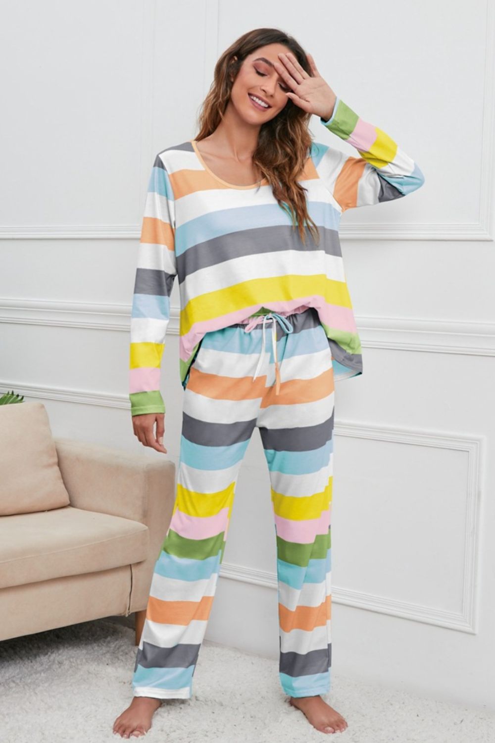 Zephariel Striped Round Neck Long Sleeve Top and Drawstring Pants Lounge Set