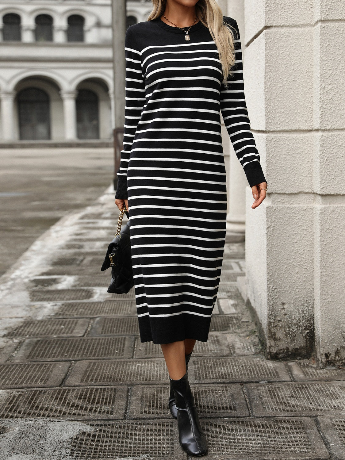 Zephariel Striped Round Neck Long Sleeve Dress