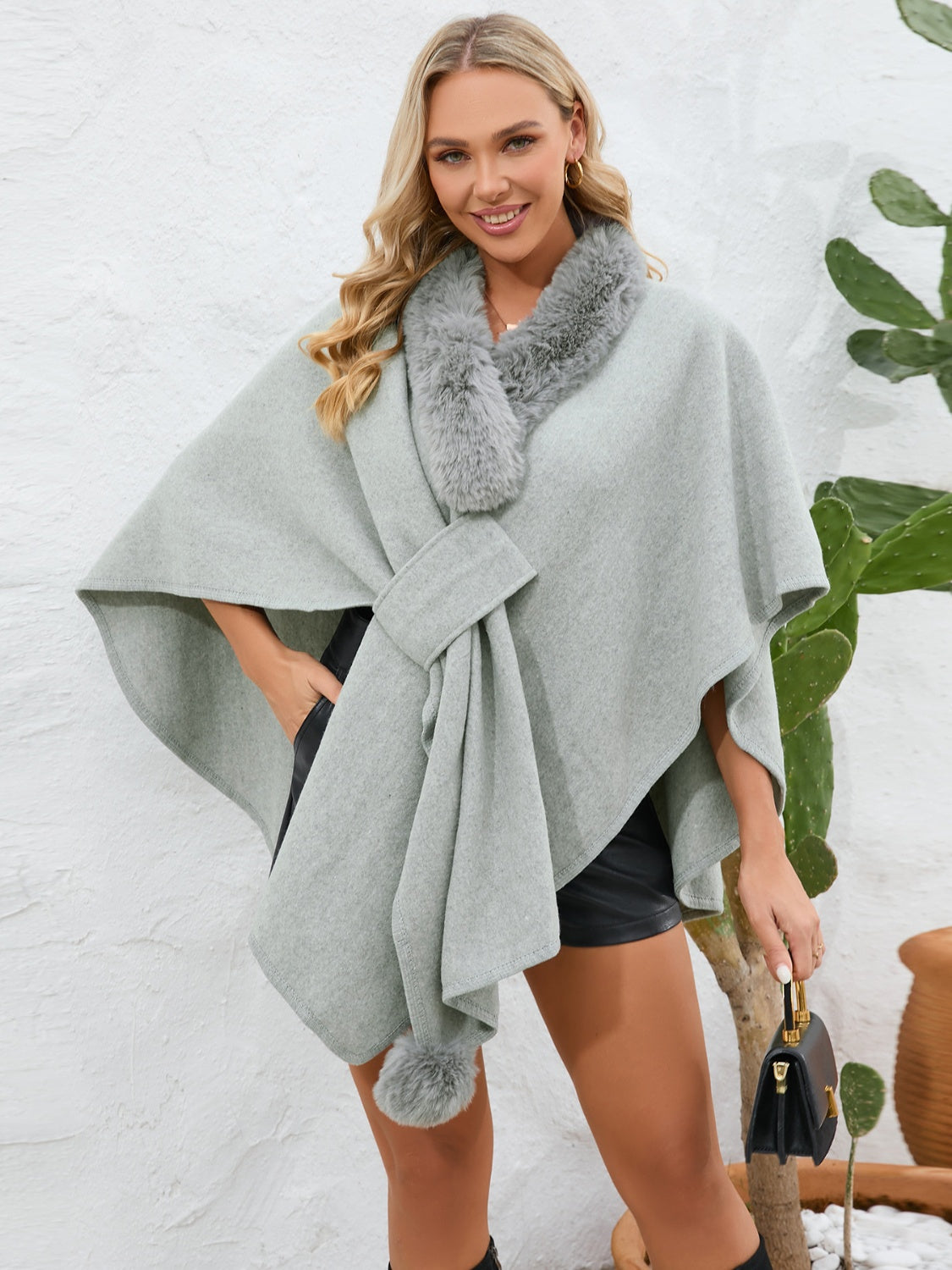 Zephariel Fuzzy Trim Open Front Poncho