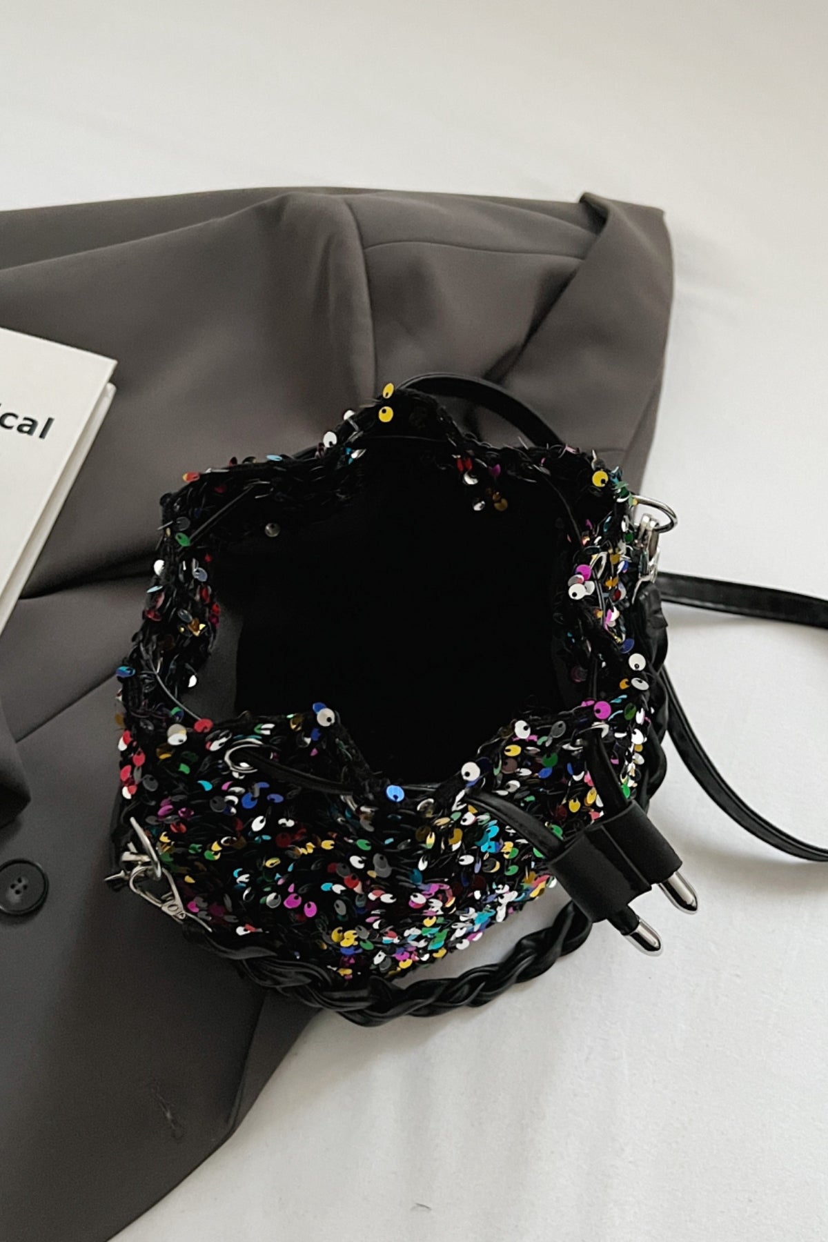 Zephariel Sequin Drawstring Bucket Bag