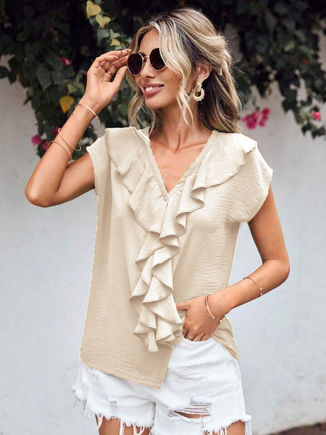 Zephariel Ruffled V-Neck Short Sleeve Blouse