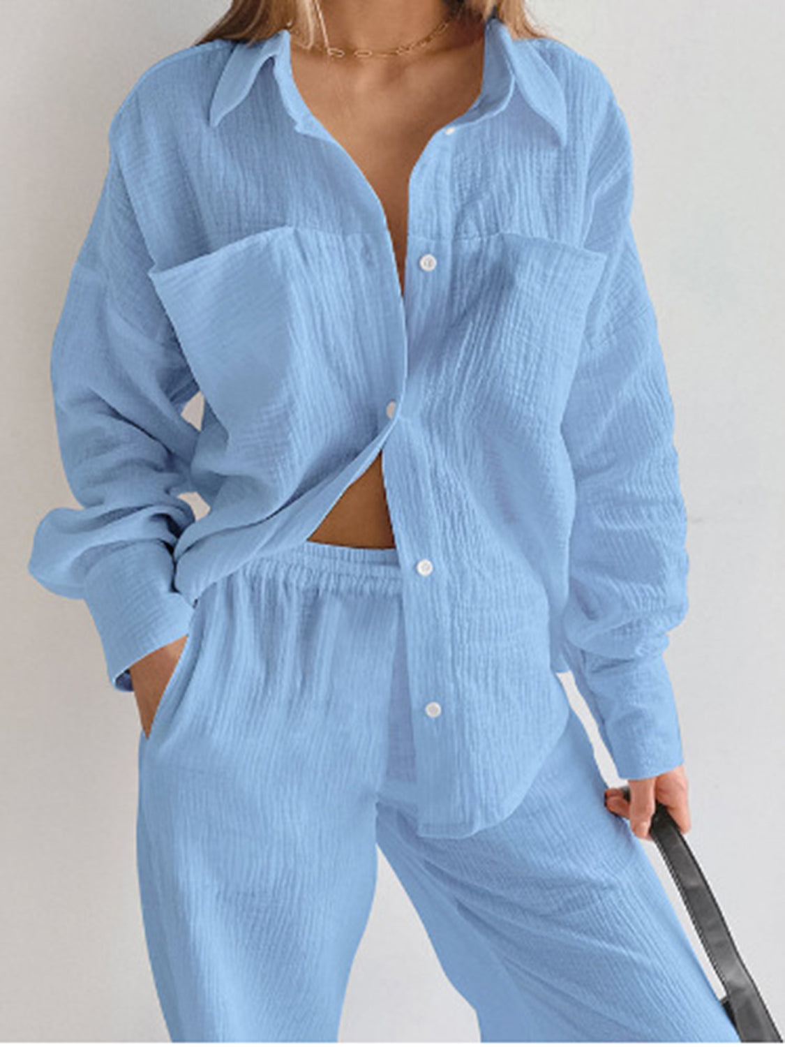 Zephariel Texture Button Up Long Sleeve Shirt and Pants Set