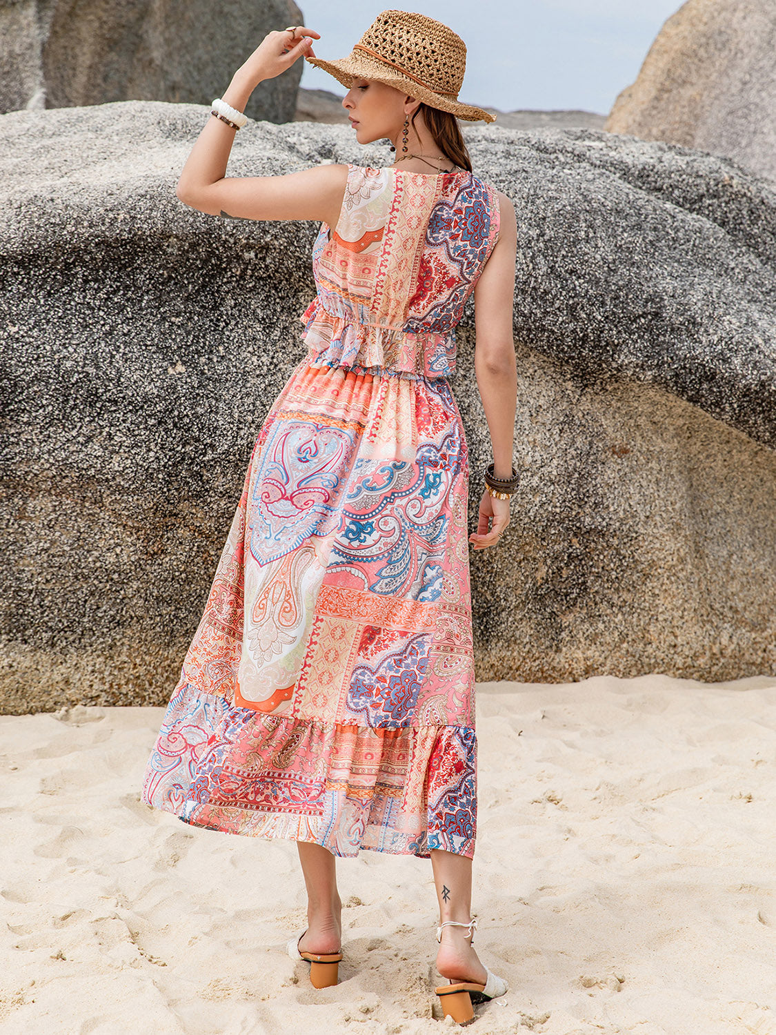 Zephariel Printed V-Neck Top and Midi Skirt Set