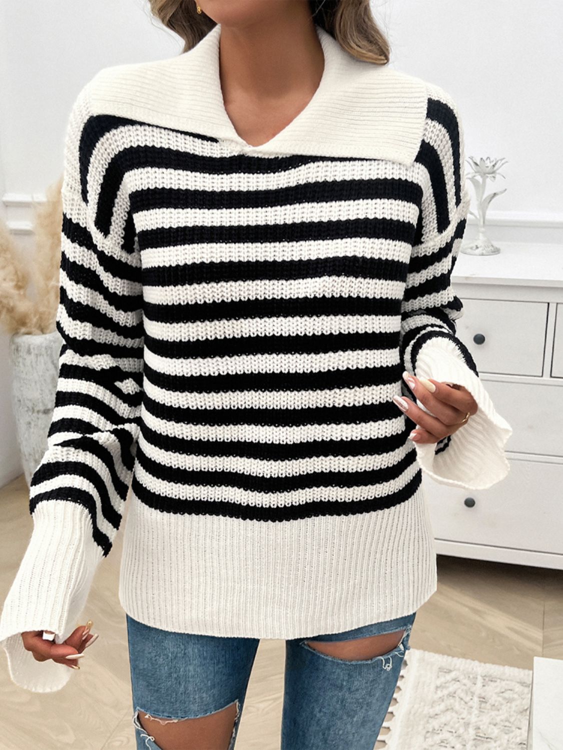 Zephariel Striped Collared Neck Long Sleeve Sweater