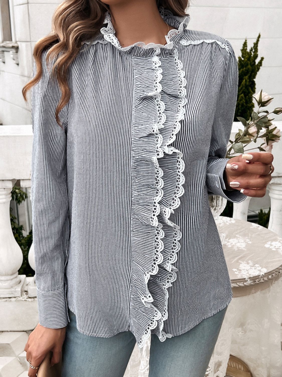 Zephariel Lace Detail Ruffled Round Neck Long Sleeve Shirt