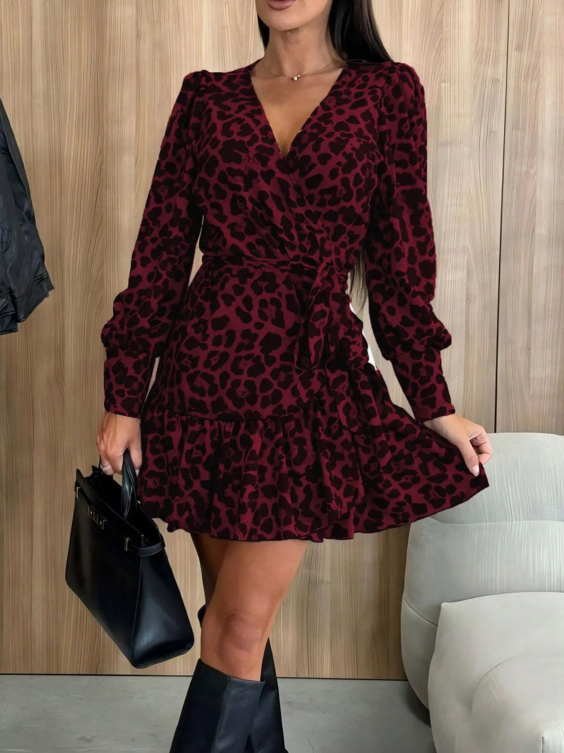 Zephariel Tied Leopard Surplice Long Sleeve Dress