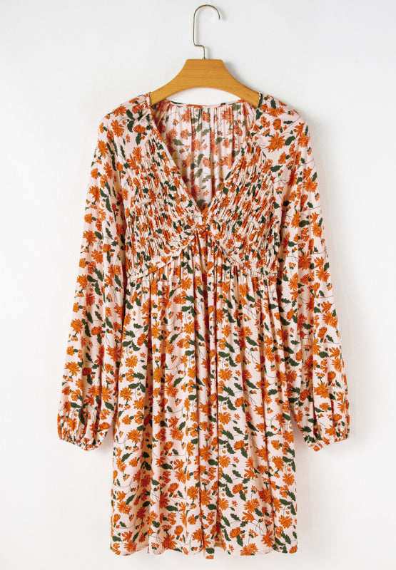 Zephariel Smocked Printed V-Neck Long Sleeve Dress