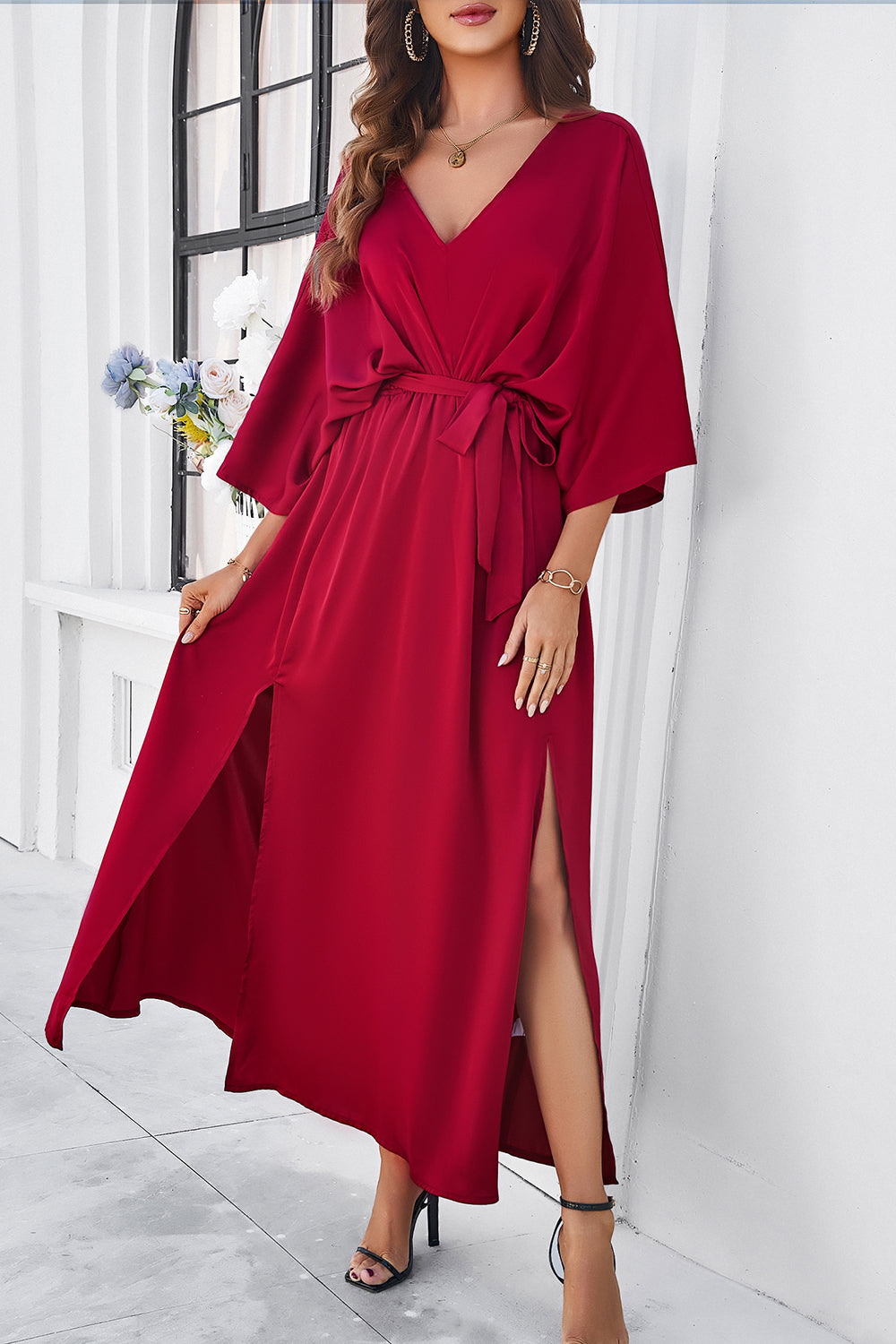 Zephariel Slit Tied V-Neck Three-Quarter Sleeve Dress