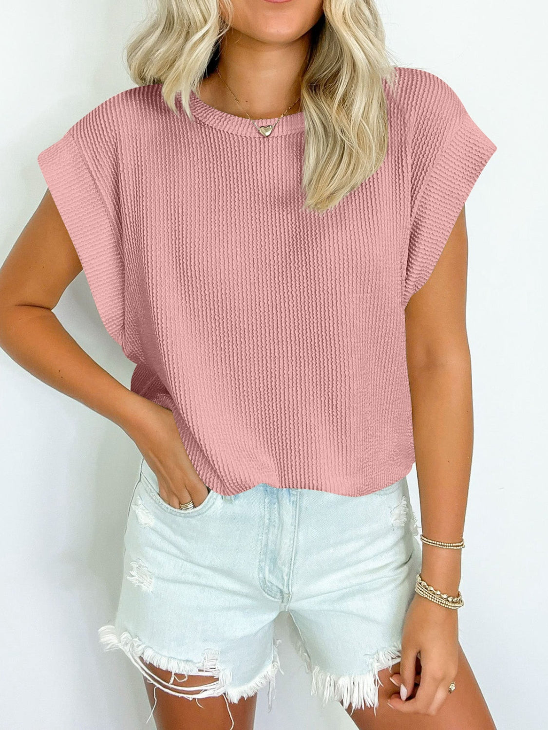 Zephariel Textured Round Neck Cap Sleeve Blouse