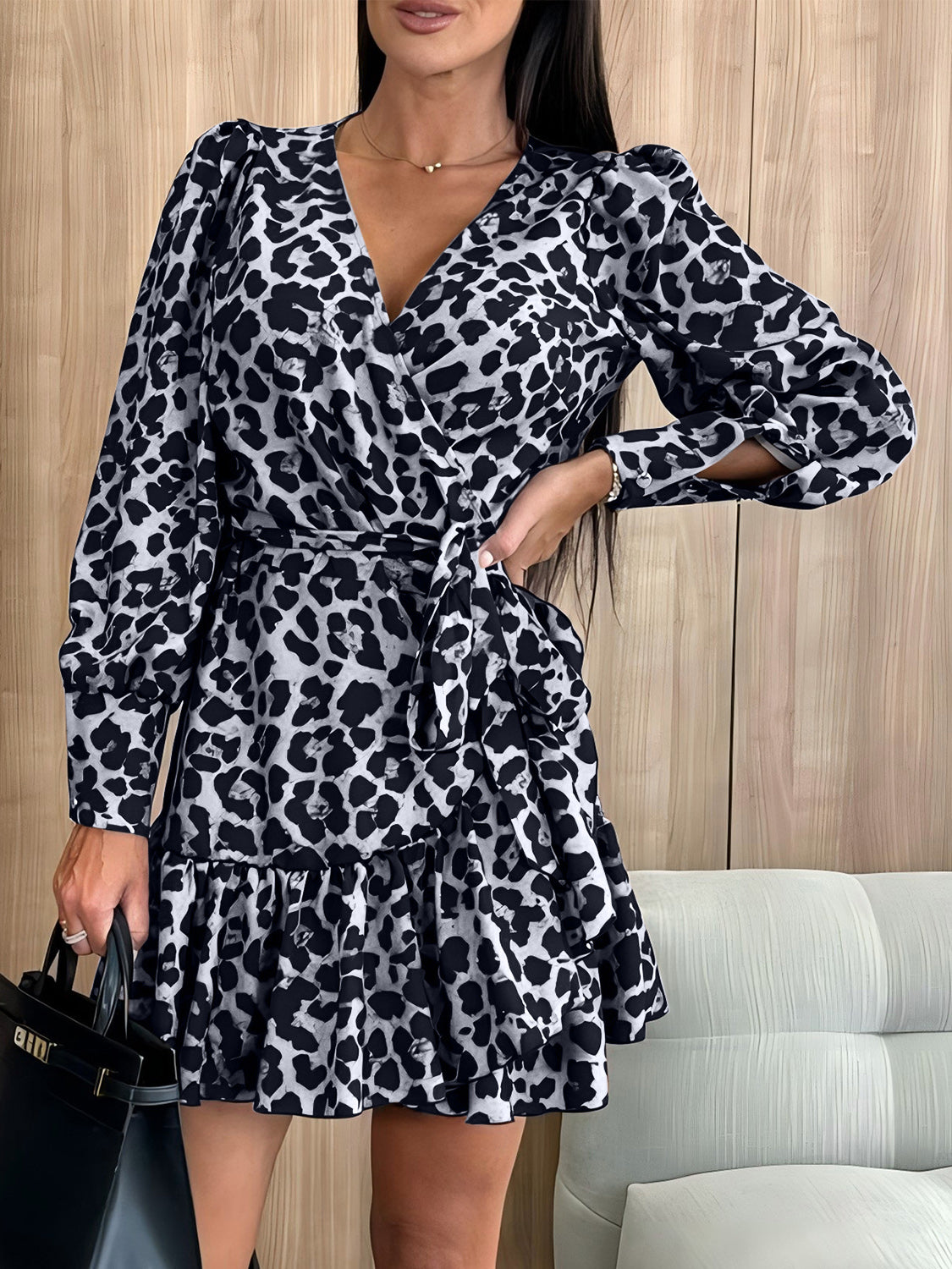 Zephariel Tied Leopard Surplice Long Sleeve Dress