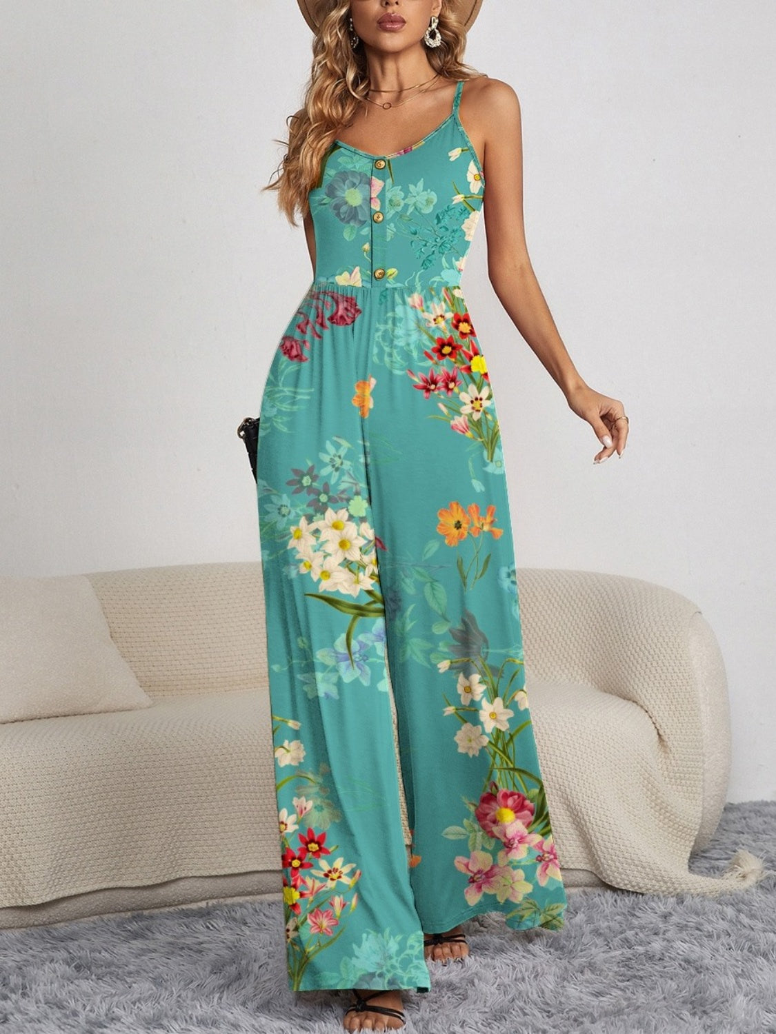 Zephariel Decorative Button Spaghetti Strap Wide Leg Jumpsuit