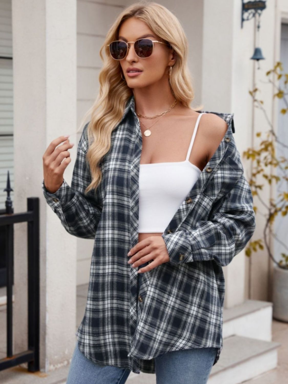 Zephariel Mandy Pocketed Plaid Collared Neck Long Sleeve Shirt