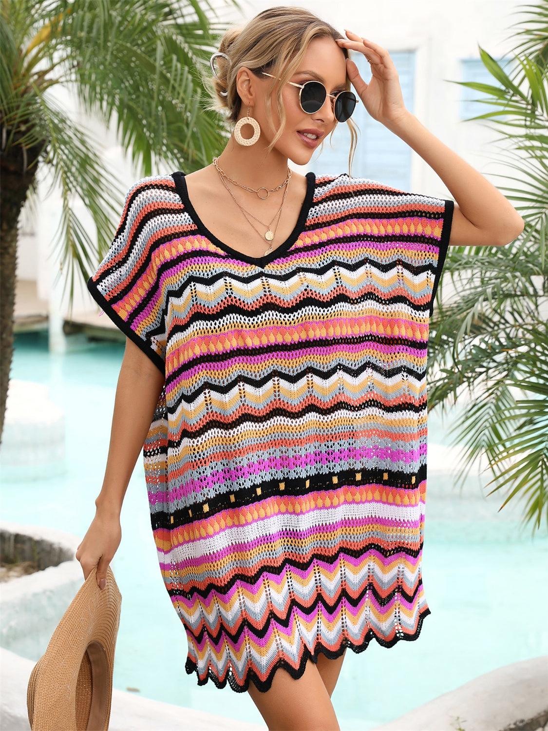 Zephariel Rainbow Stripe Scalloped V-Neck Cover-Up Dress