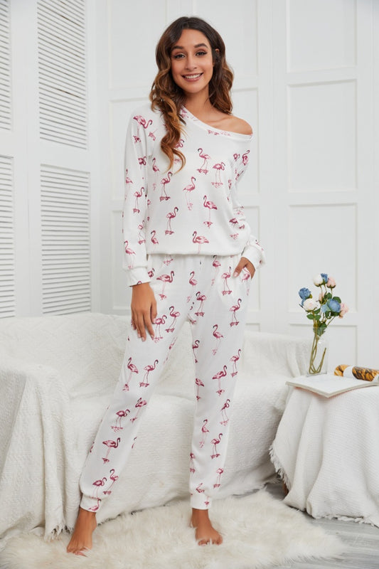 Zephariel Flamingo Long Sleeve Top and Pants Lounge Set