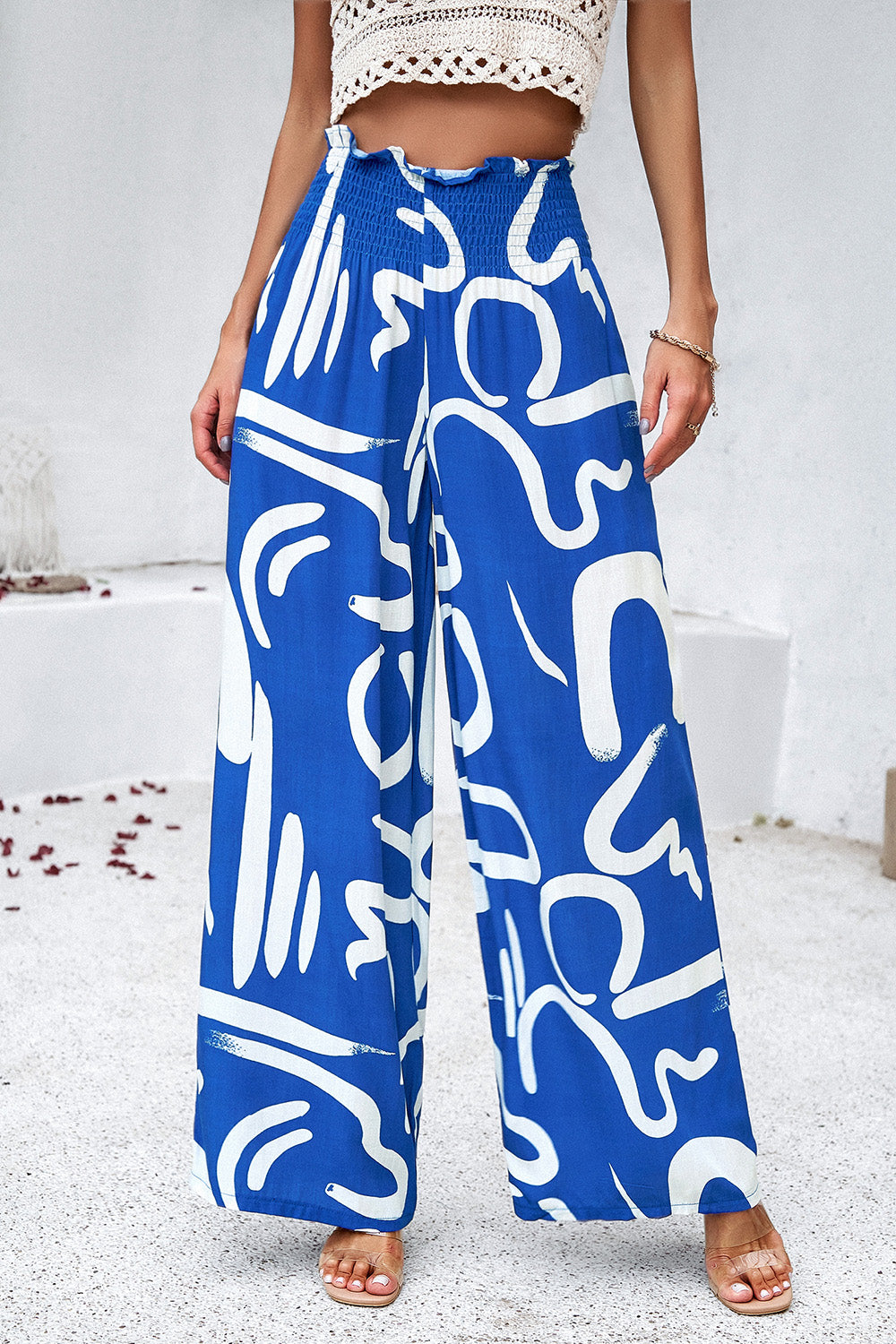 Zephariel Smocked Printed Wide Leg Pants with Pockets