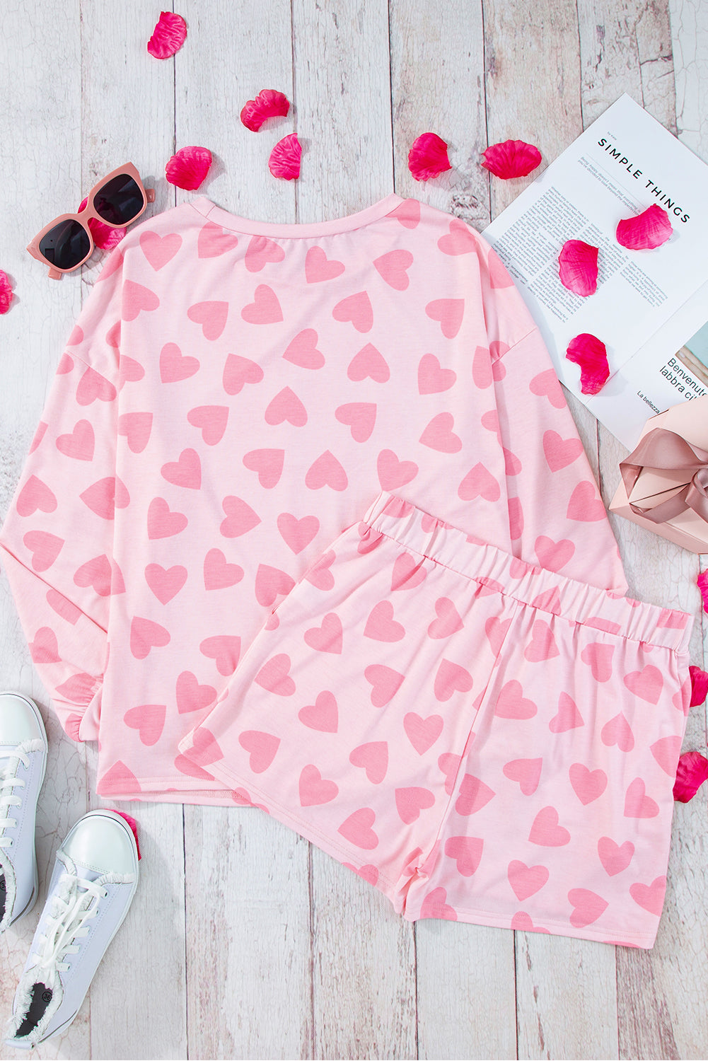 Zephariel Heart Print Long Sleeve Top and Shorts Lounge Set