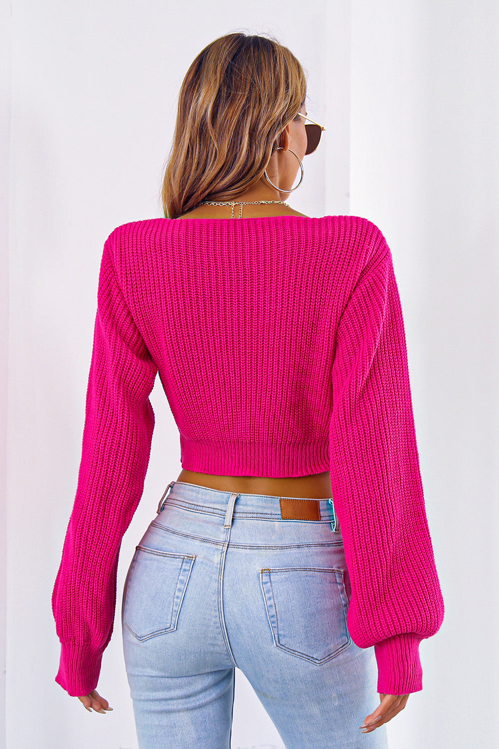 Zephariel Bow V-Neck Long Sleeve Cropped Sweater