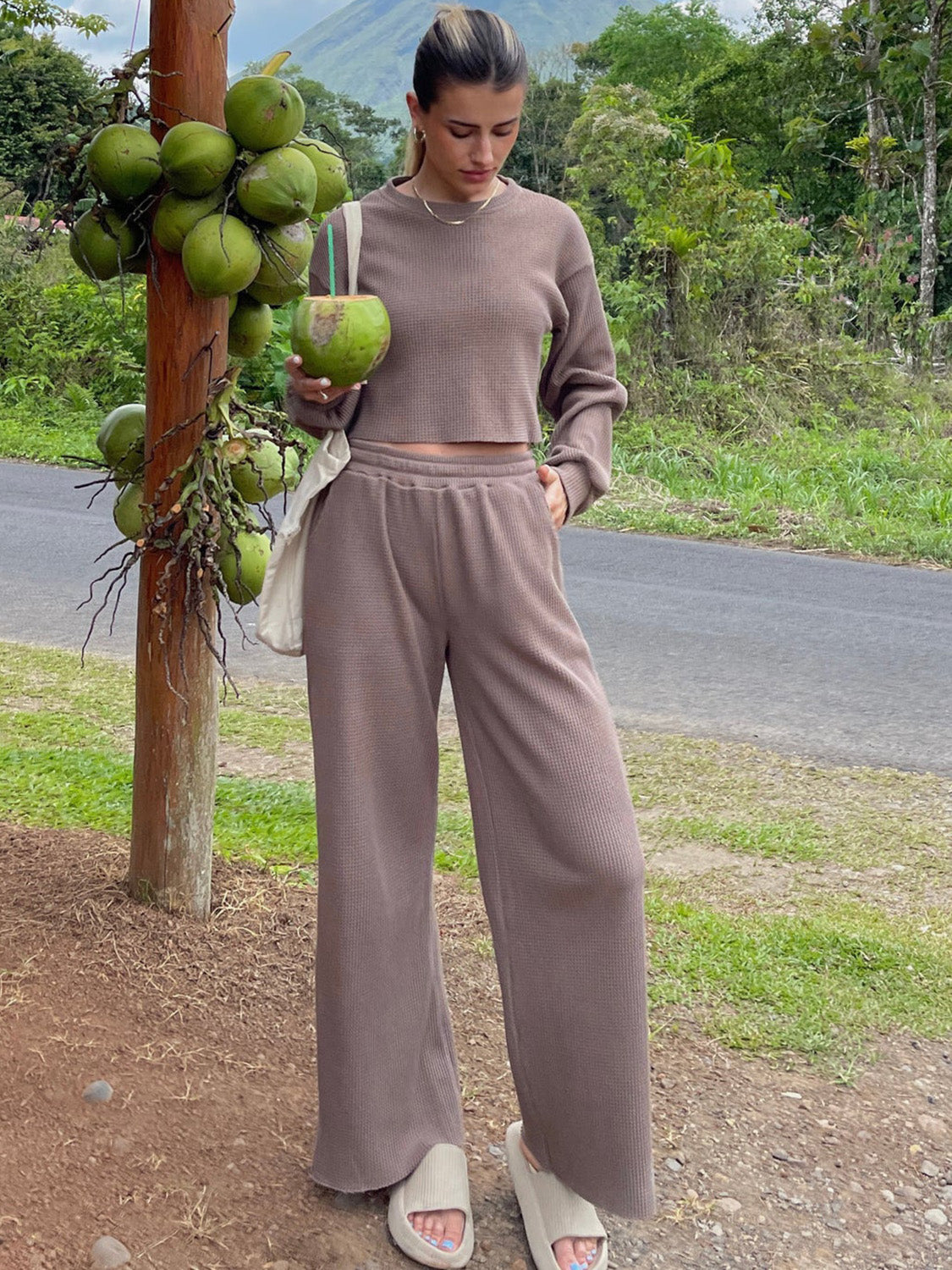 Zephariel Waffle-Knit Round Neck Top and Pants Set