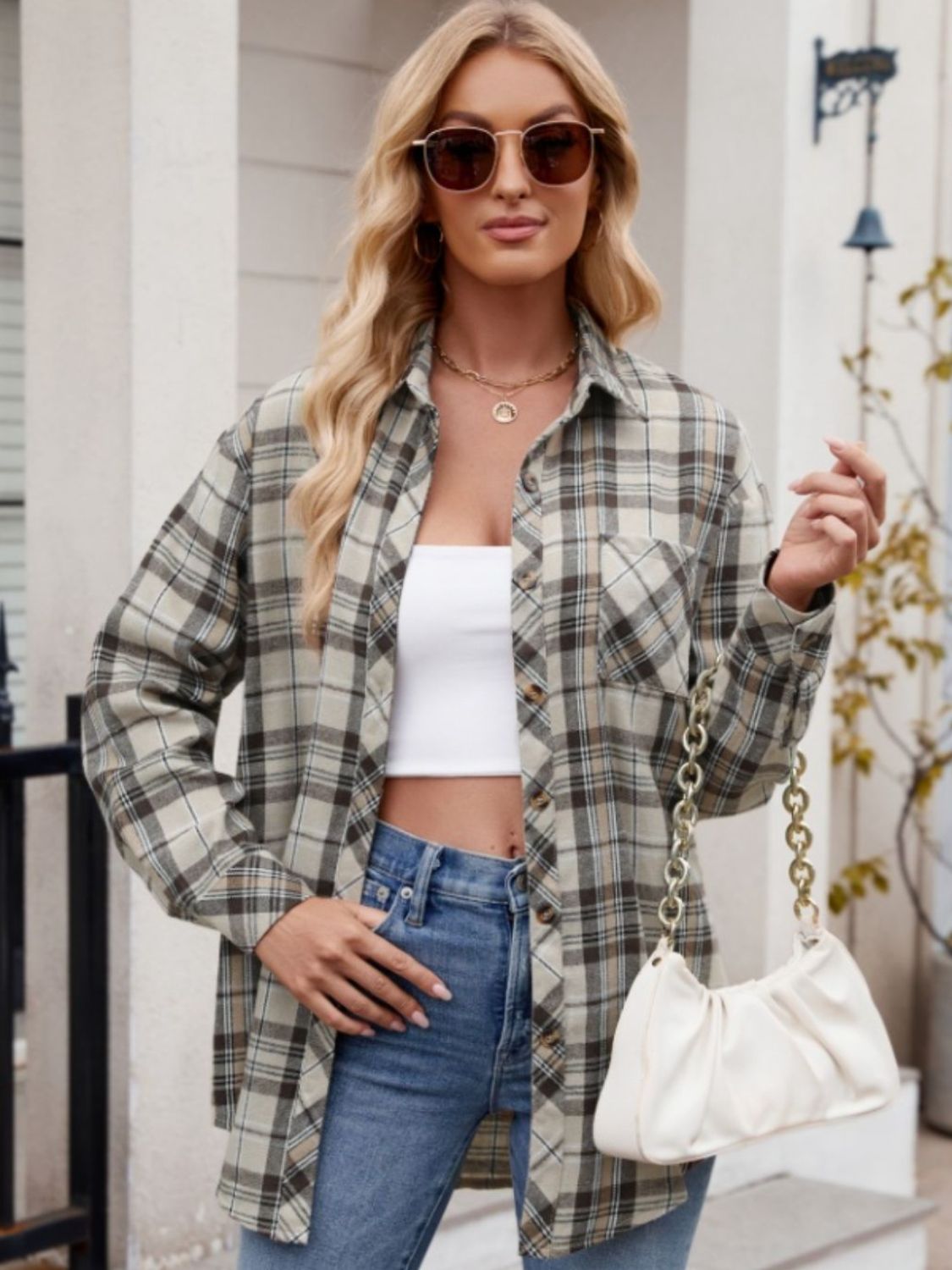 Zephariel Mandy Pocketed Plaid Collared Neck Long Sleeve Shirt