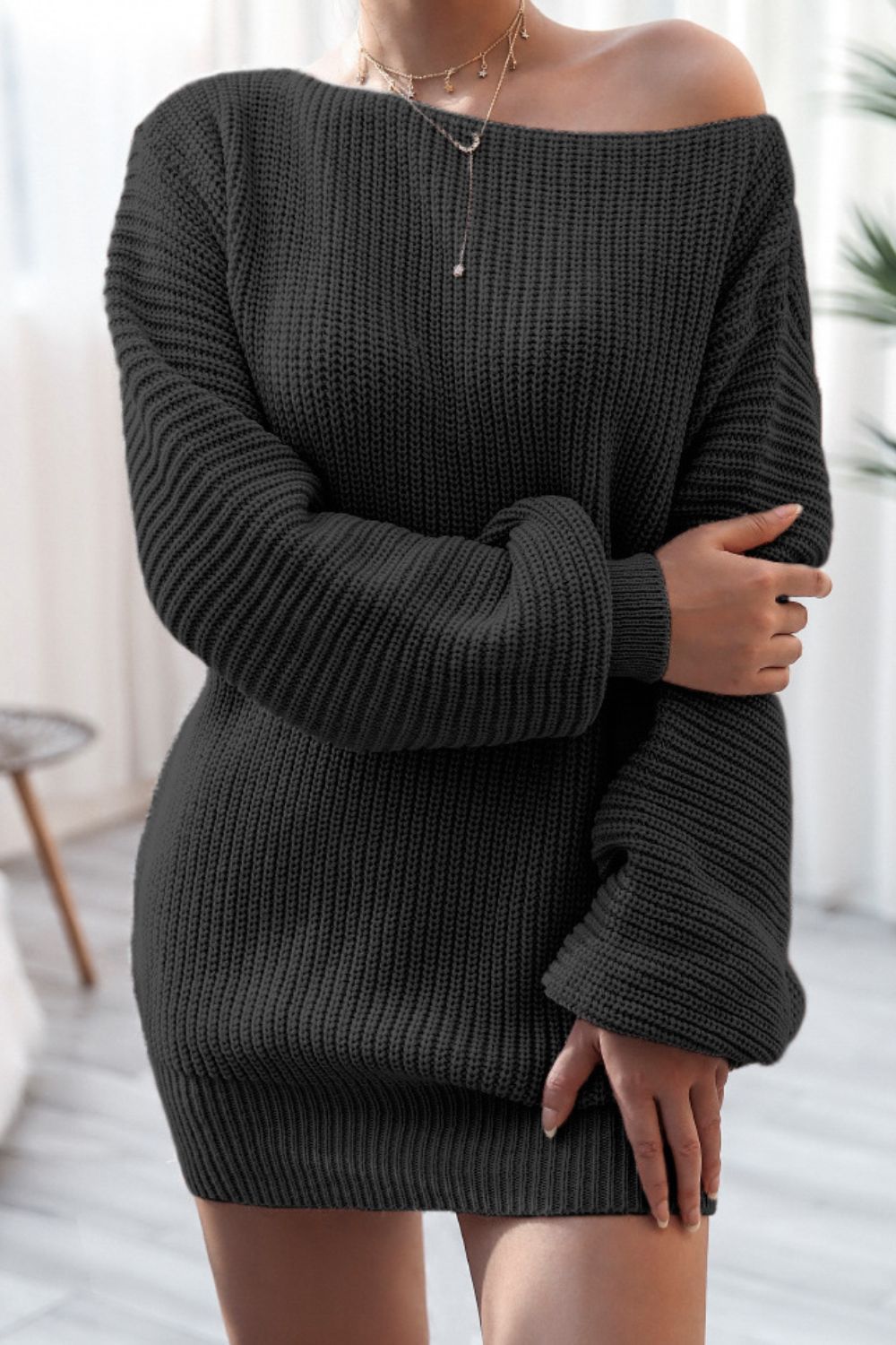 Zephariel Boat Neck Long Sleeve Mini Sweater Dress