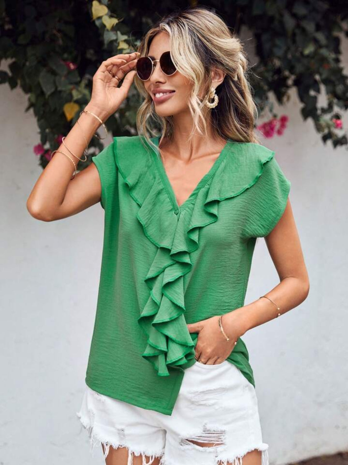 Zephariel Ruffled V-Neck Short Sleeve Blouse