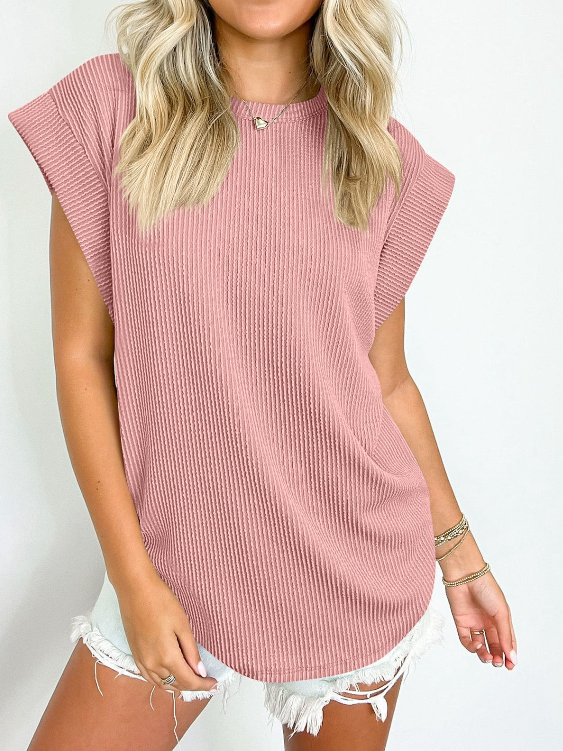 Zephariel Textured Round Neck Cap Sleeve Blouse