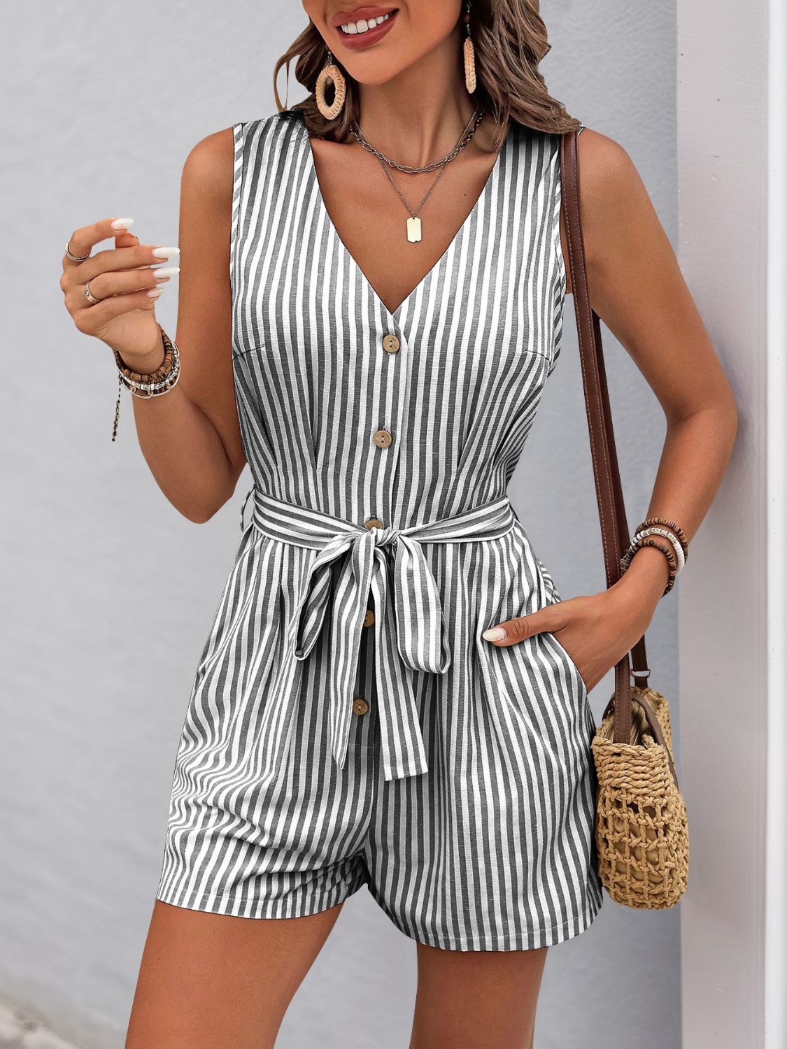 Zephariel Striped V-Neck Tie Waist Romper