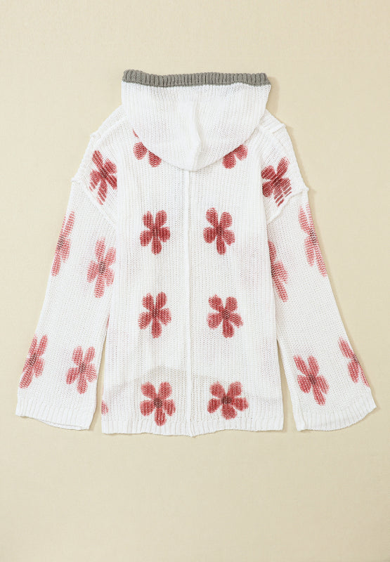 Zephariel Drawstring Flower Hooded Knit Top