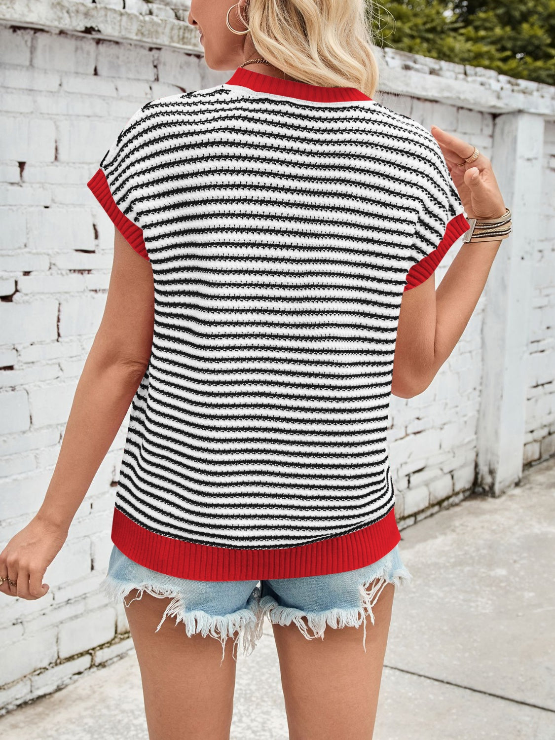 Zephariel Striped Round Neck Cap Sleeve Sweater