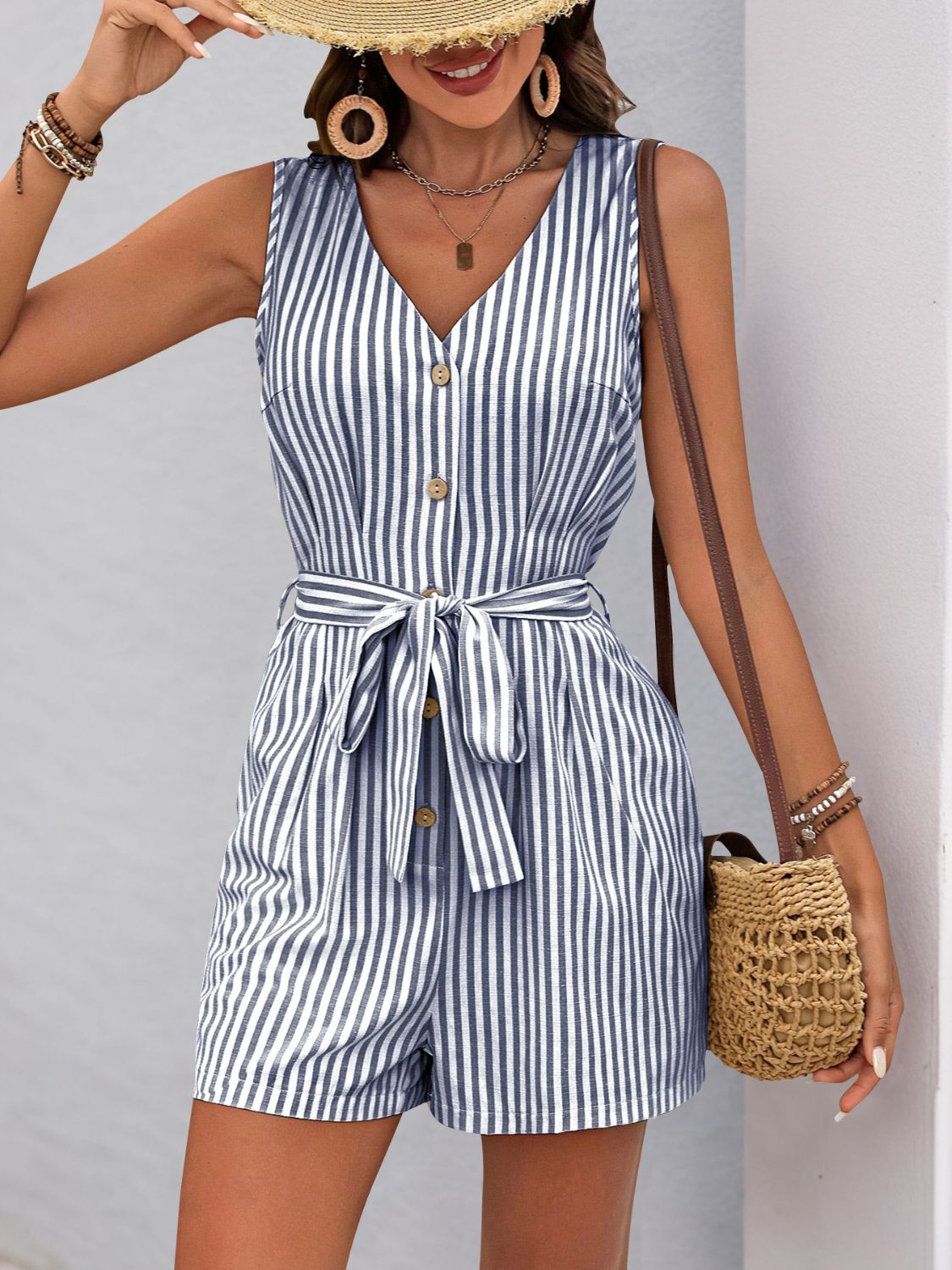 Zephariel Striped V-Neck Tie Waist Romper