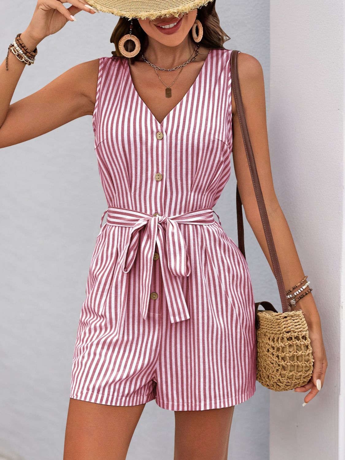 Zephariel Striped V-Neck Tie Waist Romper