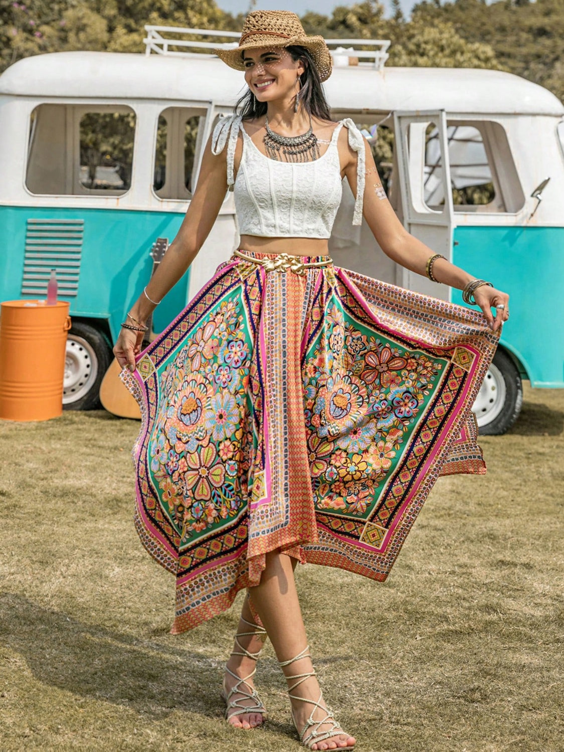 Zephariel Printed High Waist Handkerchief Hem Skirt