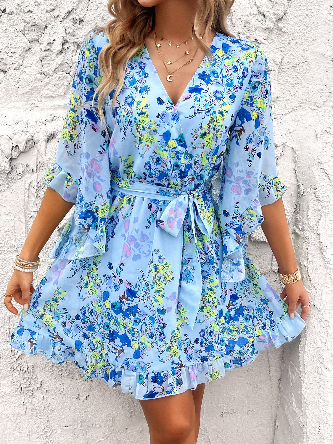 Zephariel Ruffled Printed Surplice Half Sleeve Mini Dress