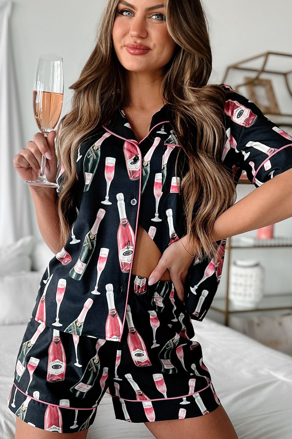 Zephariel Champagne Print Short Sleeve Top and Shorts Set