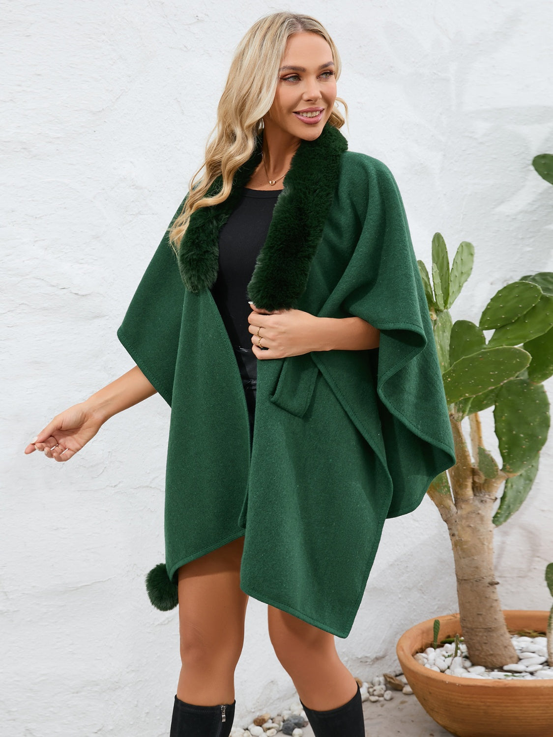 Zephariel Fuzzy Trim Open Front Poncho