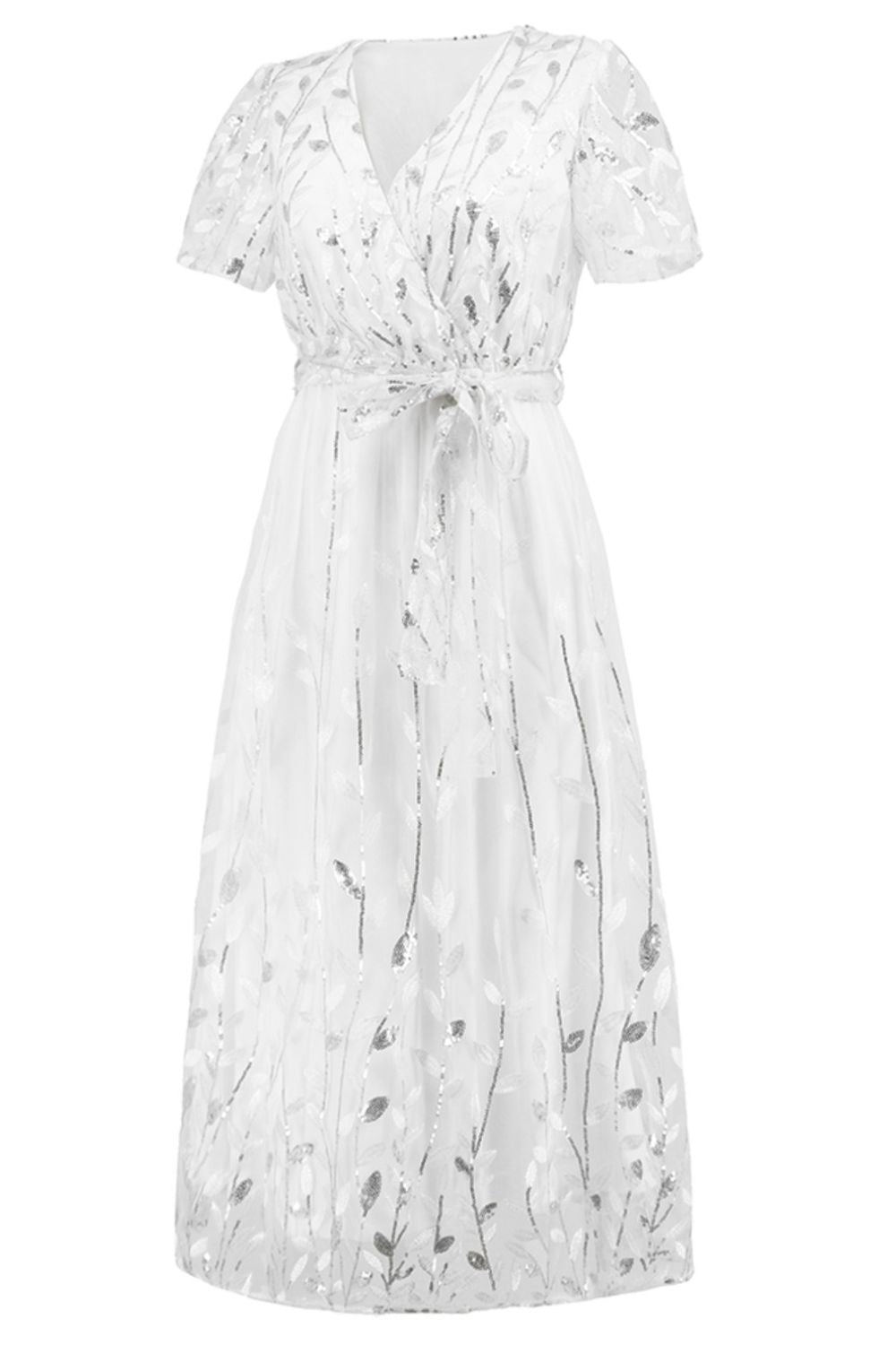 Zephariel Sequin Leaf Embroidery Tie Front Short Sleeve Dress