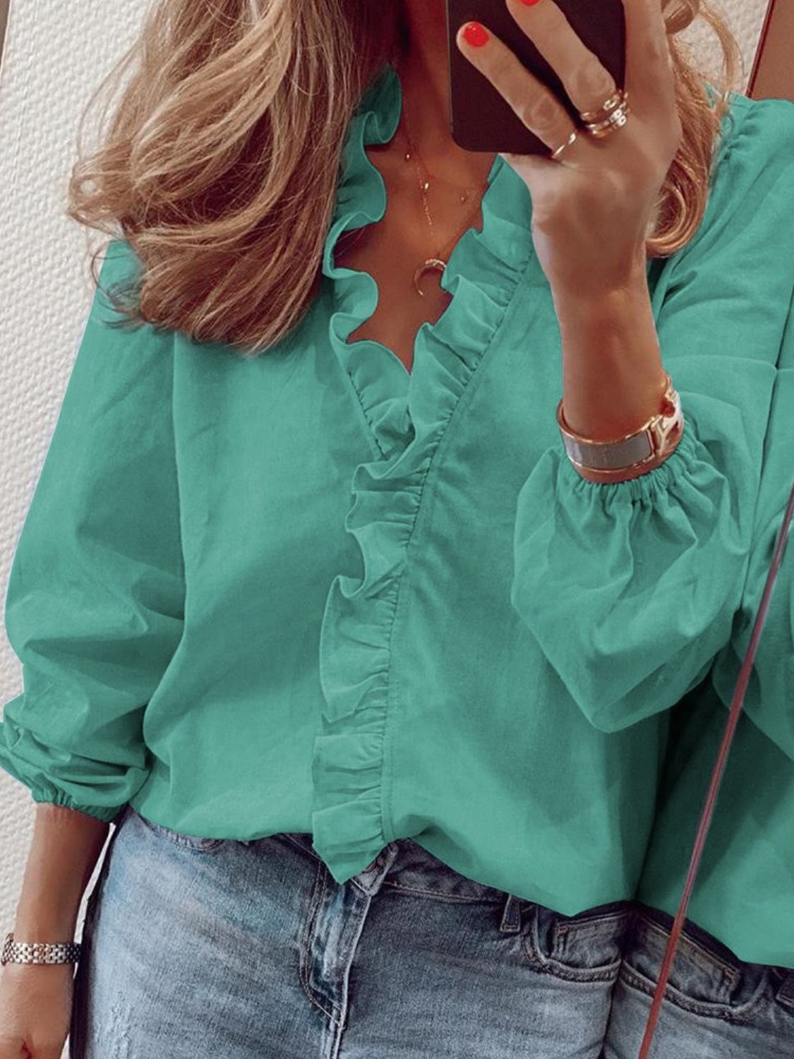 Zephariel Ruffled V-Neck Long Sleeve Blouse