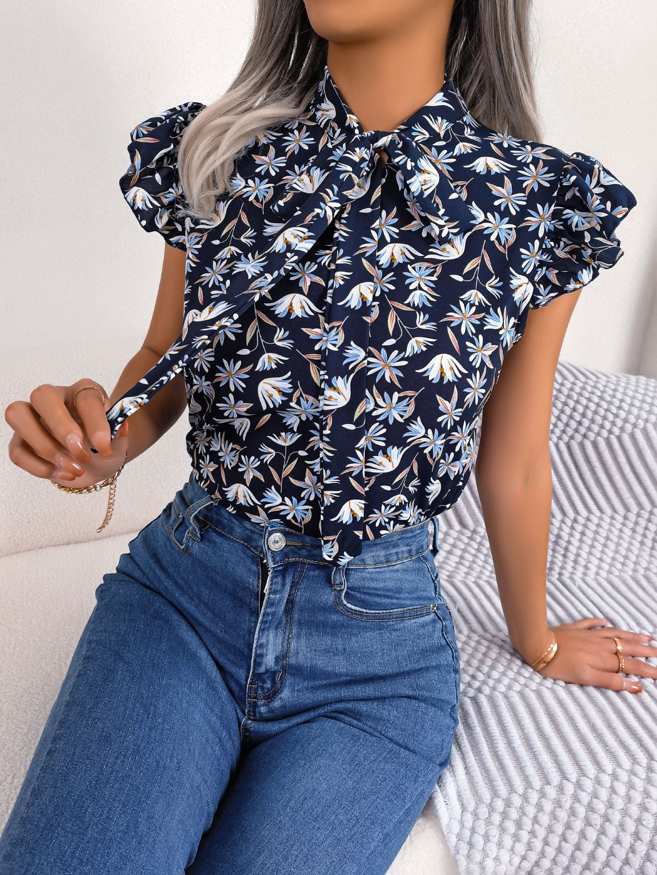 Zephariel Floral Tie Neck Flutter Sleeve Blouse